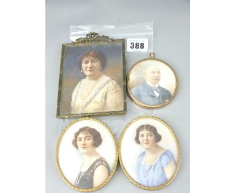 W HILL THOMSON RMS PORTRAIT MINIATURES X 2 and two others, one signed possibly 'Julius Barker' depicting ladies in cocktail d