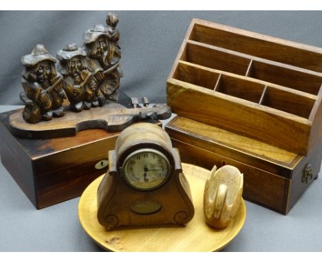 TREEN ITEMS including a letter rack, work box, mantel clock ETC