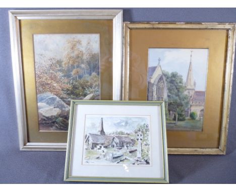 ALICE MANLY watercolour - near Whitby, signed, 29 x 19cms with initialled 'H M' Ecclesiastical buildings, watercolour and mod