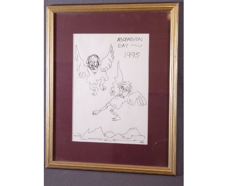 SIR KYFFIN WILLIAMS RA ink on paper - cartoon with self-portrait, entitled 'Ascension Day 1995' initialled in pencil, 29 x 21