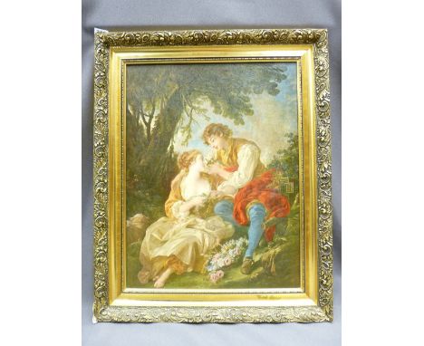 CLASSICALLY STYLED CANVAS PRINT after The Old Master depicting a young courting couple, 54 x 41cms, in a fancy gilt frame