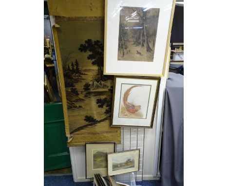 ORIENTAL WALL TAPESTRY ON FABRIC, an assortment of hunting and coaching engravings and other prints ETC