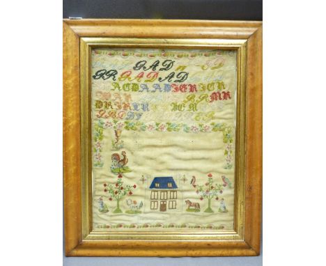 NEEDLEWORK SAMPLER walnut framed with colourful animals, figures, trees and house, alphabetical detail and verse by Mary John
