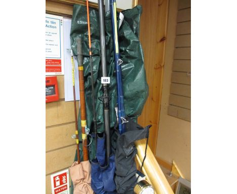 THREE FISHING RODS, walking sticks, brass reading lamp ETC