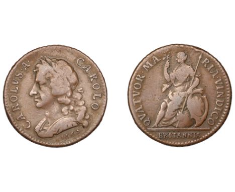 Charles II (1660-1685), Pattern Farthing, 1665, in copper, laureate and cuirassed bust left with long hair, rev. Britannia se