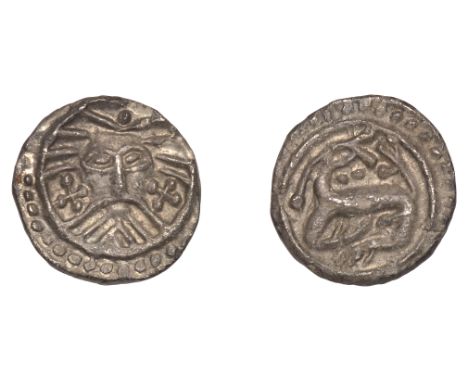 Early Anglo-Saxon Period, Sceatta, Secondary series X, Danish type B1, ‘Wodan’ head facing with radiate hair and chevron bear
