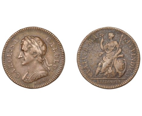 Charles II (1660-1685), Pattern Farthing, 1665, in copper, laureate and cuirassed bust left with short hair, rev. Britannia s