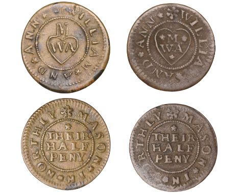 North Leigh, William and Ann Mason, Halfpence (2), 3.49g/12h (M 116; N 3661a, this piece; D 110A), 1.78g/12h (M 115; N 3662a,