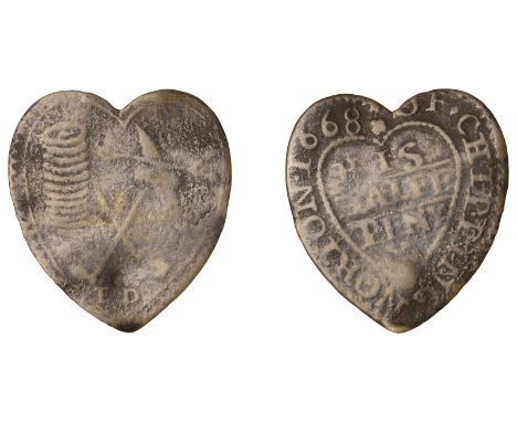 Chipping Norton, E[dmond] R[owlright], heart-shaped Halfpenny, 1668, 0.78g/12h (M 75; N 3621c, this piece; BW. 70). Some knoc