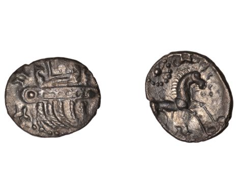 British Iron Age, ICENI, Uninscribed issues, silver Unit, Bury type, female head right, wearing elaborate diadem, two pierced