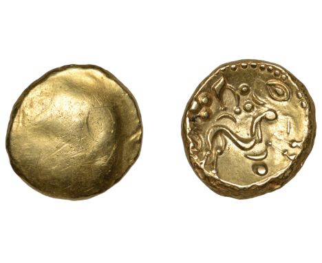 British Iron Age, GALLO-BELGIC, Stater, series E [Ambiani], Gallic War uniface type, blank, rev. stylised horse right, chario