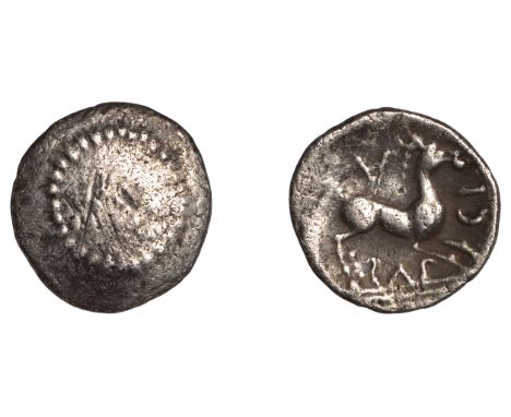 British Iron Age, CATUVELLAUNI, Tasciovanus, silver Unit, trace of ver within pelleted circle, rev. horse right with distinct