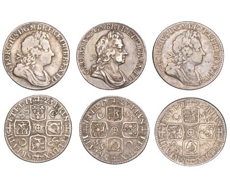 George I, Shillings (3), 1723 ss c, first bust (ESC 1586; S 3647); 1723 ss c, first bust, French arms at date (ESC 1589; S 36