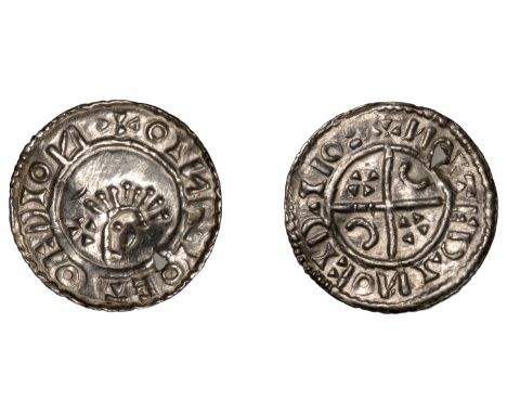 Harthacnut (1035-1042), Penny, Danish issue, Portrait type, crude head left with radiate hair, cross before face, rev. long c