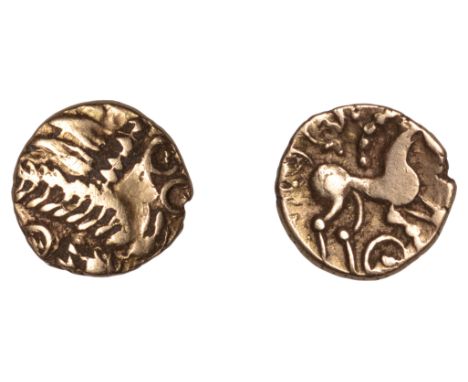 British Iron Age, ICENI, Uninscribed issues, Quarter-Stater, Snettisham type, wreath cross, rev. horse right, pellet-in-ring 