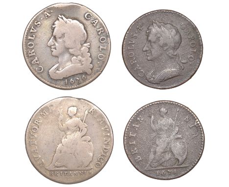 Charles II, Pattern Farthings (2), 1671, in copper, bust with short hair, edge plain, 6.28g/6h (BMC 438); 1676, in silver, bu