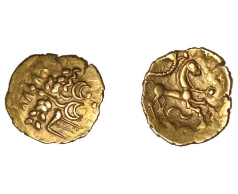 British Iron Age, NORTH THAMES, Eastern, Uninscribed series, Quarter-Stater, Little Horned Serpent type, patterned wreath [de