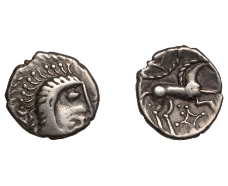 British Iron Age, ICENI, Uninscribed series, silver Unit, Face/Horse type, stylised head right, wreath behind, rev. horse rig