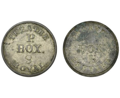 LONDON, Drury Lane, Theatre Royal, Third and Fourth Theatres, plated tin bracteate, theatre royal around p box, stamped 9, 43
