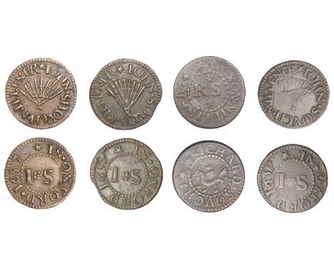 Oxford, John Shouch/Souch, Farthings, 1657 (3), reading shovch, 1.01g/6h (L 89; N 3720a, this piece; BW. 168 var.), reading s