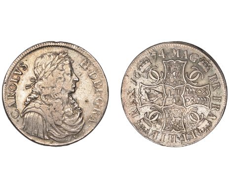 Charles II (1649-1685), First coinage, Four Merks, 1674, type III, f below bust, rev. reads br and ·4·, 26.41g/12h (Murray 5b