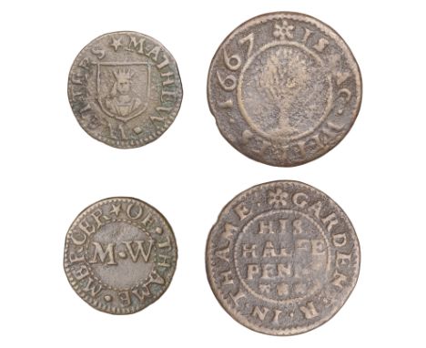 Thame, Mathew Watters, Farthing, 1.09g/12h (M 141; N 3806b, this piece; BW. 207); Isaac Weekes, Halfpenny, 1667, 1.98g/6h (M 