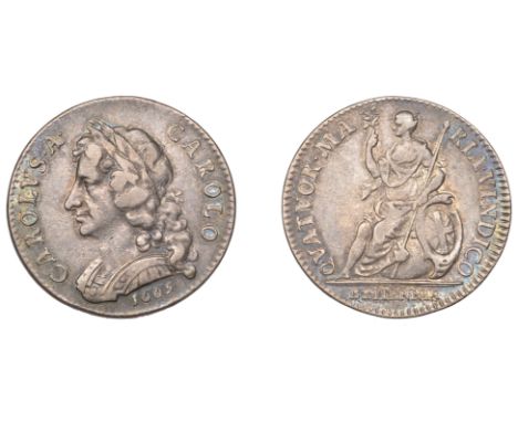 Charles II (1660-1685), Pattern Farthing, 1665, in silver, laureate and cuirassed bust left with long hair, rev. Britannia se