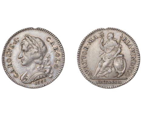 Charles II (1660-1685), Pattern Farthing, 1665, in silver, laureate and cuirassed bust left with long hair, rev. Britannia se