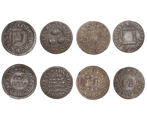Oxford, Joh. Bishop, Farthings (3), 1657, 0.91g/7h (L 23; N 3748b, this piece; BW. 121), 1663, 0.65g/12h (L 25; N 3749; BW. 1
