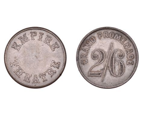 LONDON, Leicester Square, Empire Theatre, [1887], copper Halfcrown, empire theatre, rev. grand promenade above value, 30mm, 9