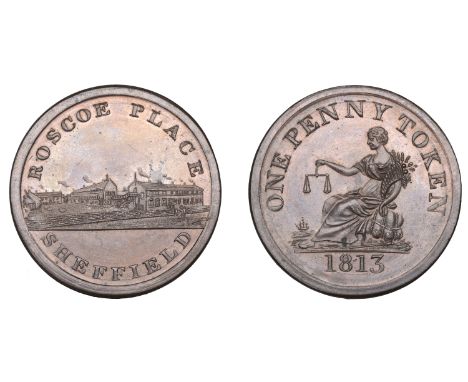 19th Century Tokens, YORKSHIRE, Sheffield, Shaw, Jobson & Co [Roscoe Place], Penny, 1813, frontal elevation of factory, rev. 