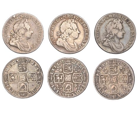 George I, Shillings (3), 1720, first bust (ESC 1572; S 3646); 1721 (2 over 1), first bust, roses and plumes (ESC 1579; S 3645