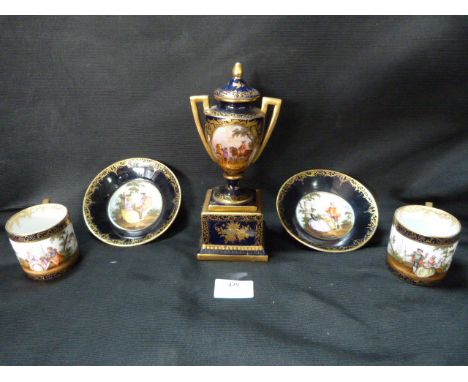 French Porcelain, Two Coffee Cups and Saucers and a Decorative Urn 