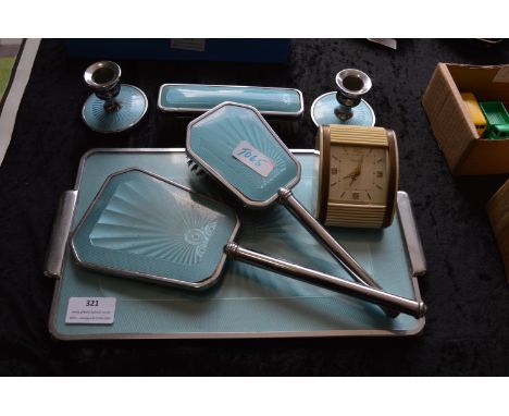 Enameled Dressing Set; Hair Brushes, Alarm Clock, etc. 
