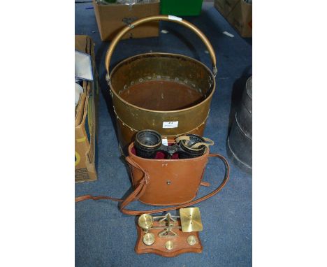 Copper Coal Bucket Containing Binoculars, Scales, etc. 