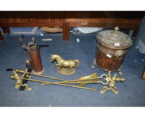 Collection of Brass FIreside Tools, Coal Bin, etc. 