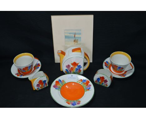 Small Reproduction Clarice Cliff Tea Set; Two Cups &amp; Saucers, Teapots, etc. 