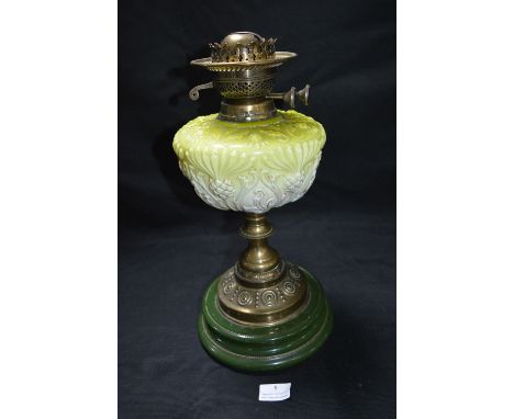 Victorian Green Glass &amp; Brass Oil Lamp 