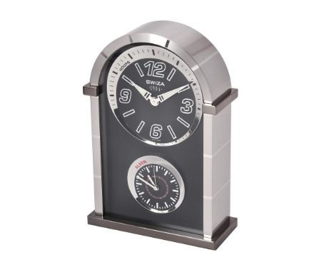 
	
		Swiza, ref. 20.0062, a limited edition palladium alarm clock, no. 02/499, two quartz movements, black dial, applied Arab