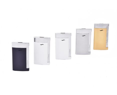 
	
		S. T. Dupont, five slimline lighters, assorted colours, 7cm high, each with a S. T. Dupont box, instruction leaflet, pou