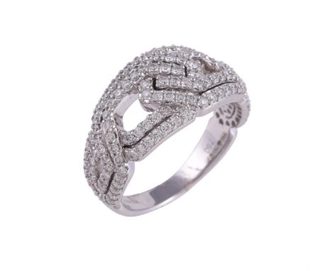 
	
		A white gold diamond Bombé dress ring by William &amp; Son, the pierced geometric lover's knot panel set with brilliant 