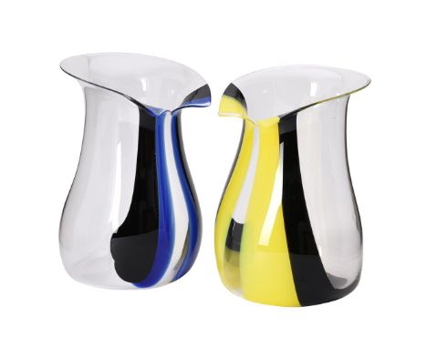 
	
		A pair of clear and coloured glass Tie champagne coolers or ice buckets by Riedel, of flared and bulbous form, one black