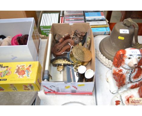 A box of militaria etc. to include spotter map, powder flask, brass cannon, shot measures etc.