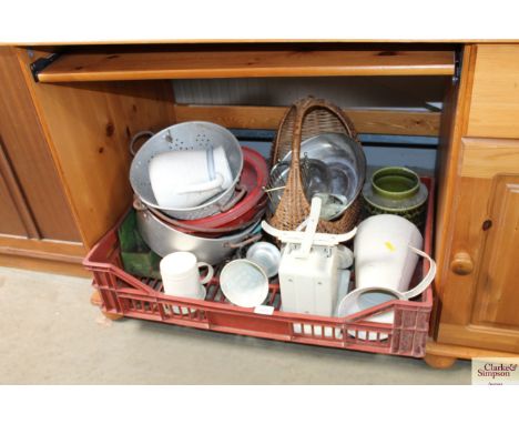 A large box of kitchenalia including scales; metal jug; jam pan etc