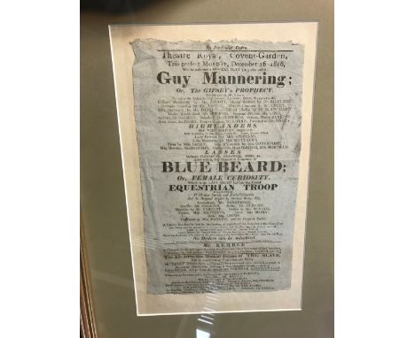 Four framed Covent Garden "Theatre Royal" bills, circa 1813-35, plays include 'The Castle Spectre', 'The Irish Ambassador', '