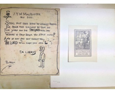 Phil May (1864-1903), an original bookplate design, signed and dated 1900, 21.5 x 18.5 cm; with a sketch of the music hall ar