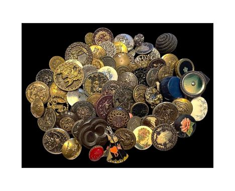 A large assortement of assorted material buttons. Here is a bag full of lots of goodies including metal picture buttons, Ivor