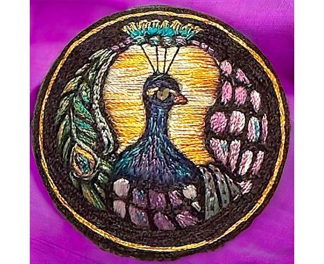 1 Large 21st century handcrafted fabric peacock button. Here is an incredible work of art by Camie Dyson of Indiana. She does
