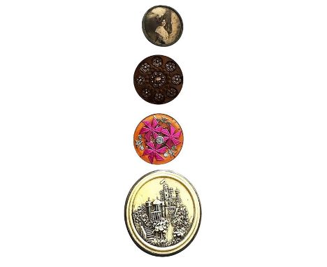 4 Large 19th &amp; 20th C. assorted material buttons incl. Ivoroid. This lot includes a very nice colorful Pattern foil under