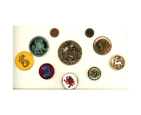 10 S/M/L 19th/20th C. assorted material fabulous animal buttons. This group includes a great pierced brass and steel cherub o